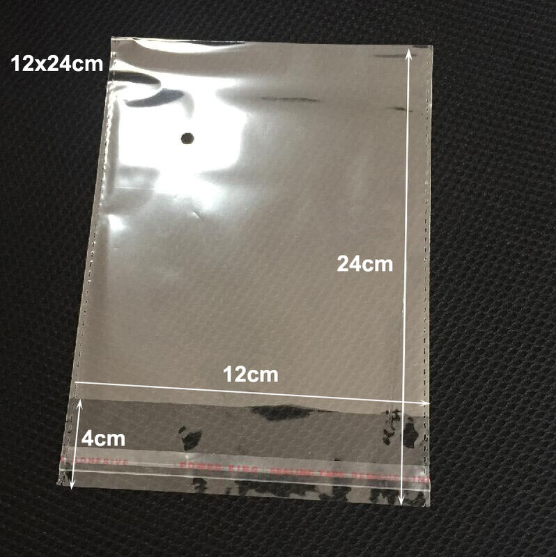400 개/몫 10x20 12x20 14x20 12x24cm 구멍이있는 자체 접착 투명 투명 OPP 가방 백킹 씰 포장 가방 파우치