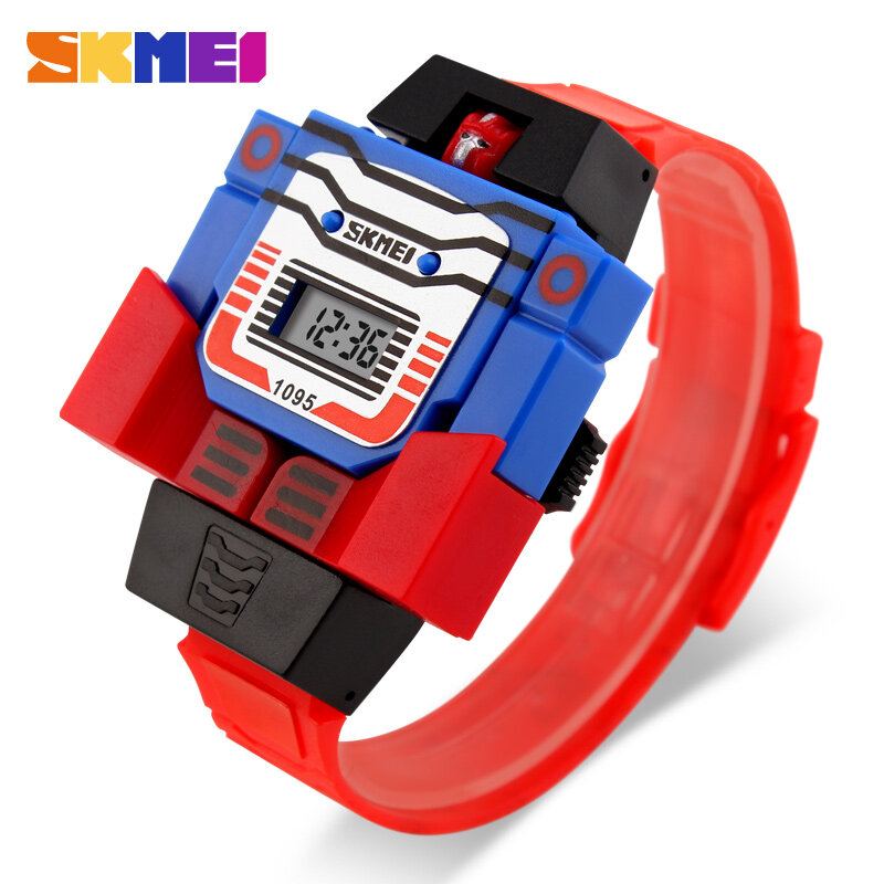 Skmei relógio digital dos desenhos animados, relógio robô deformado esportivo criativo de led para crianças 1095, relógios de pulseira de brinquedo para meninos