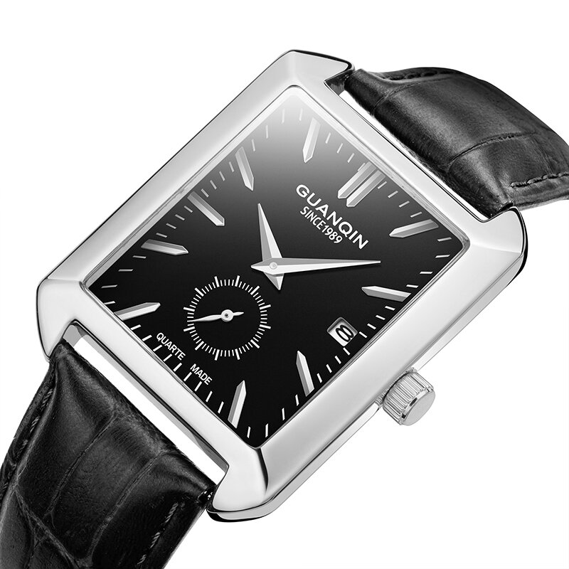 GUANQIN moda męskie zegarki top marka luksusowy prostokąt zegarek kwarcowy kalendarz mały drugi dial skórzany pasek nowy Erkek kol saati