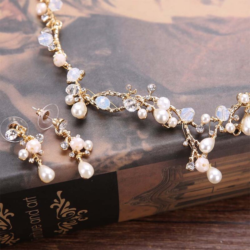 MOLANS Floral Pearl Crystal Crown and Sleeve Chain for Bridal Hair Accessories Golden Branch Princess Crown Headdress for Party