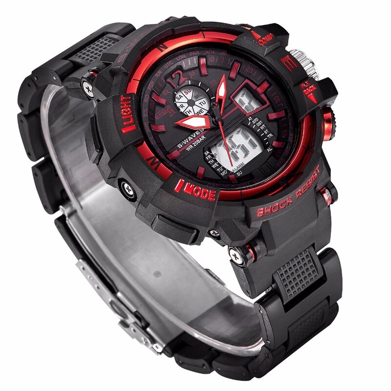 SWAVES Marke Kunststoff Uhr Männer Casual LCD Wasserdichte Armbanduhr Herren Militär UniqueWeek Wecker Datum Uhren Para Hombre
