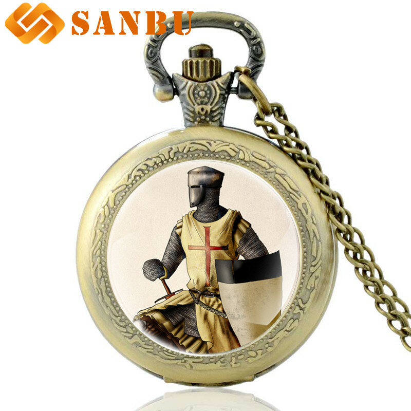 Relógio de bolso templar cavaleiro de bronze, relógio de bolso retrô, para homens, mulheres, com pingente de cruz, colar de joias de quartzo