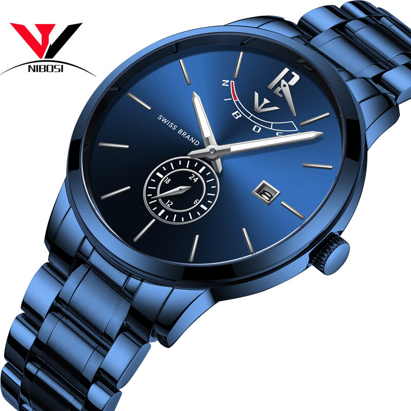 NIBOSIนาฬิกาผู้ชายแฟชั่นนาฬิกาแบรนด์หรู2019กันน้ำFull Steel Quartz Analogนาฬิกาข้อมือBlue Reloj Hombre 2018 Relogio