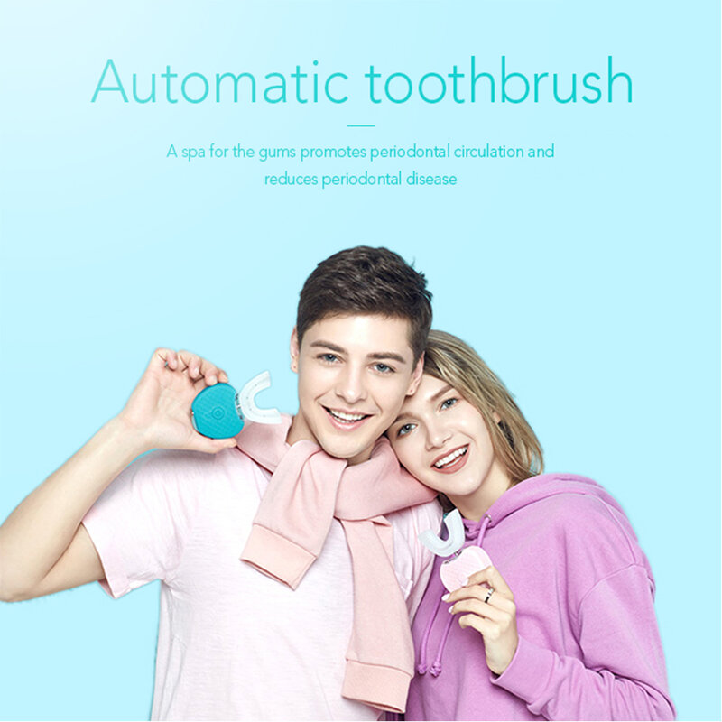 1 Juego de cepillo de dientes electrónico sónico U 360 cepillo de dientes automático con pasta de dientes de espuma líquida cabezal de silicona tipo U para adultos