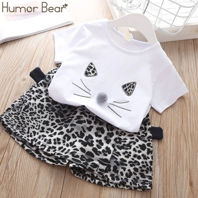 Humor Bear – Ensemble de vêtements pour fille, 2 pièces, T-shirt avec jupe ou short, motif perles et longs cils, tenue pour enfant, costume
