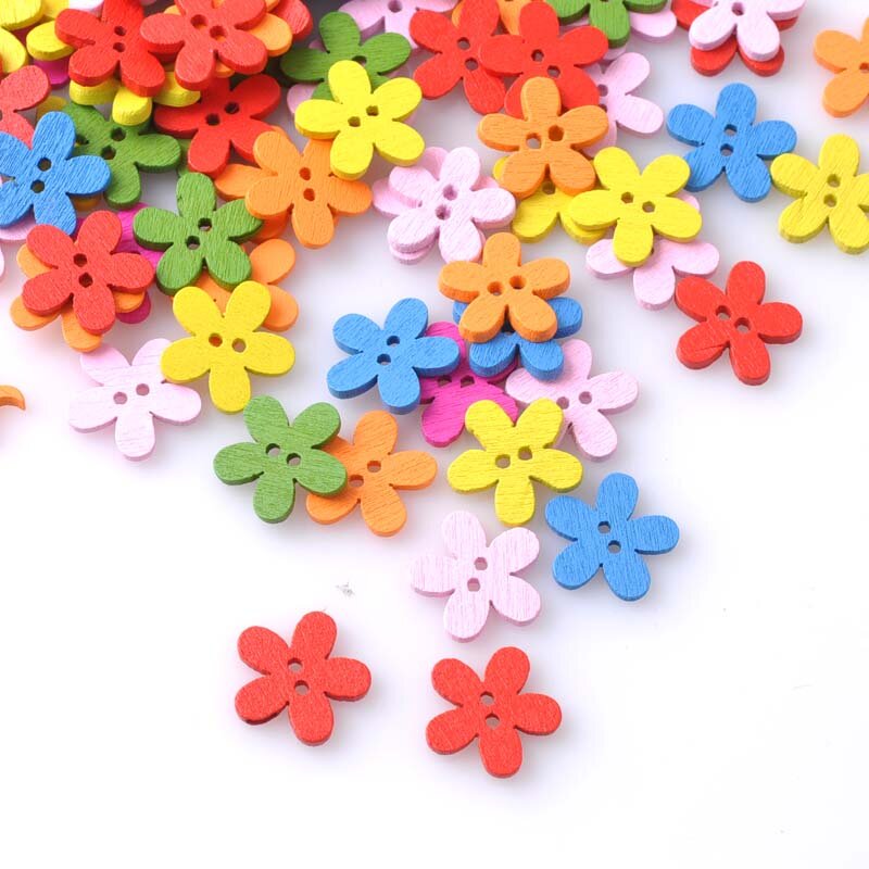 Multicolorido 100 pçs 14x15mm 2 furos misturados flor de madeira botões decorativos caber costura scrapbooking artesanato mt1047x
