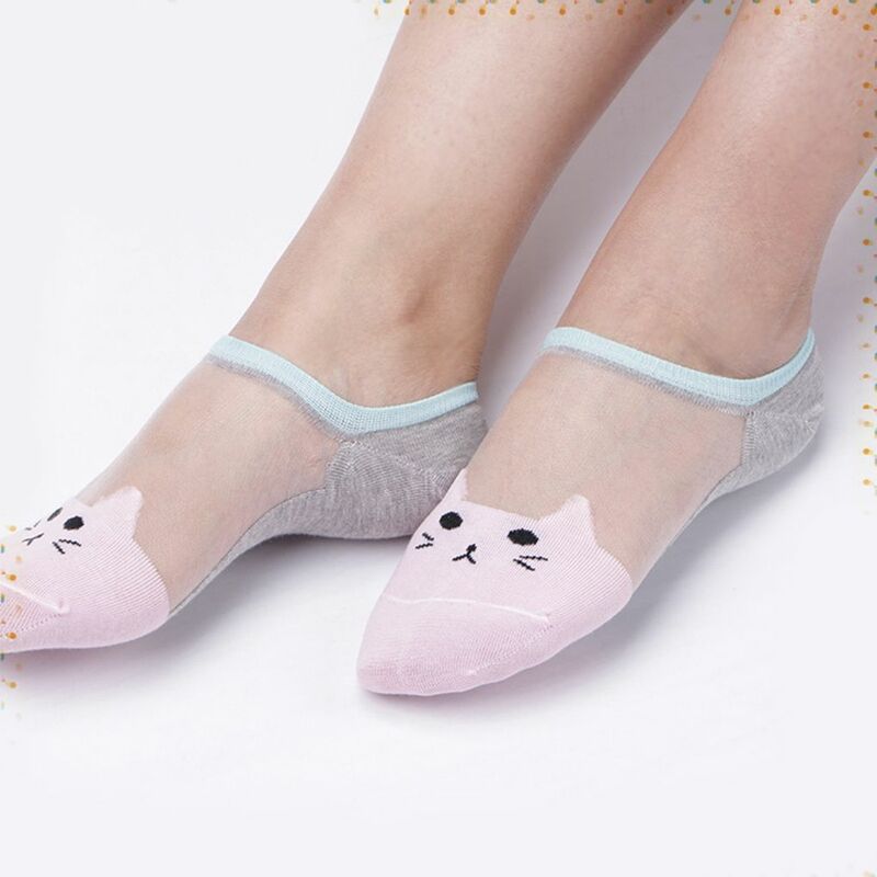 新格安夏秋女性新漫画かわいい猫パターン靴下クリスタルシルク靴下極薄透明低アンクルソックス