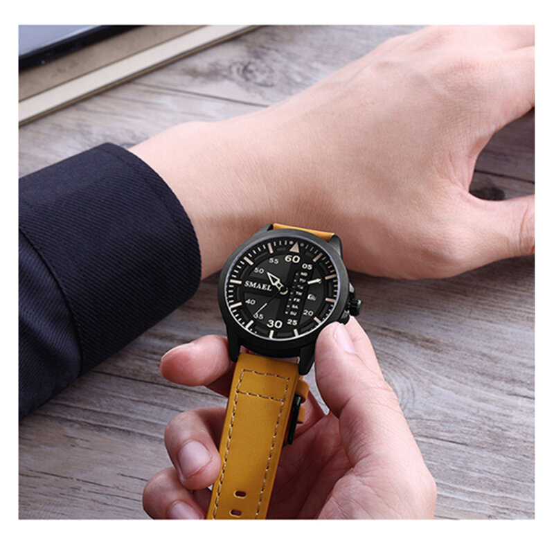 Мужские водонепроницаемые часы с кожаным ремешком, с отображением недели