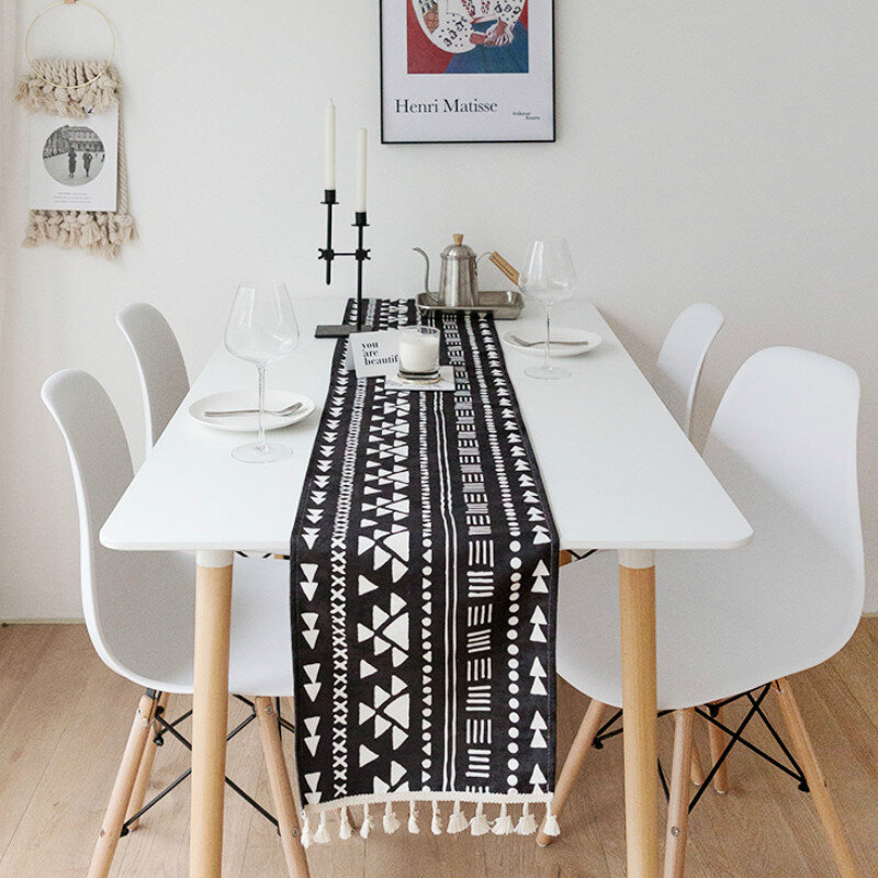 DUNXDECO-camino de mesa para decoración de escritorio, tapete de tela suave e impermeable, moderno, bohemio, blanco y negro, geométrico, chenilla