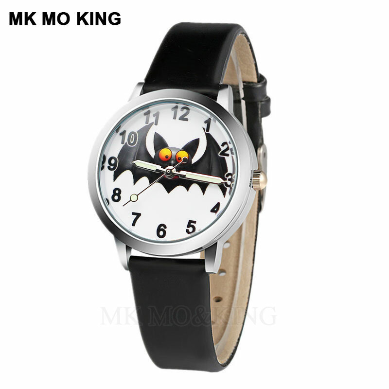 Reloj con diseño de murciélago Morado para niños, pulsera de mano con diseño de dibujos animados, esfera con número de color, de cuarzo y cuero, para estudiantes y niñas, novedad