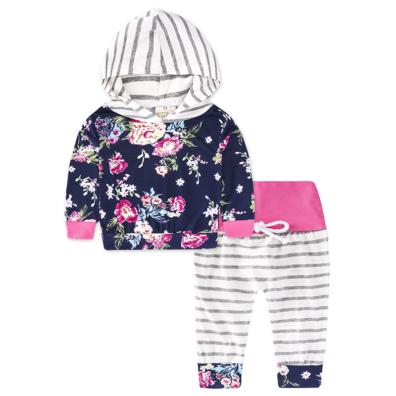 CRIANÇAS CONTOS 2017 novo Explosivo de roupas infantis pequeno print floral longo-sleeved T-shirt com capuz + calça bebê de dois-peça