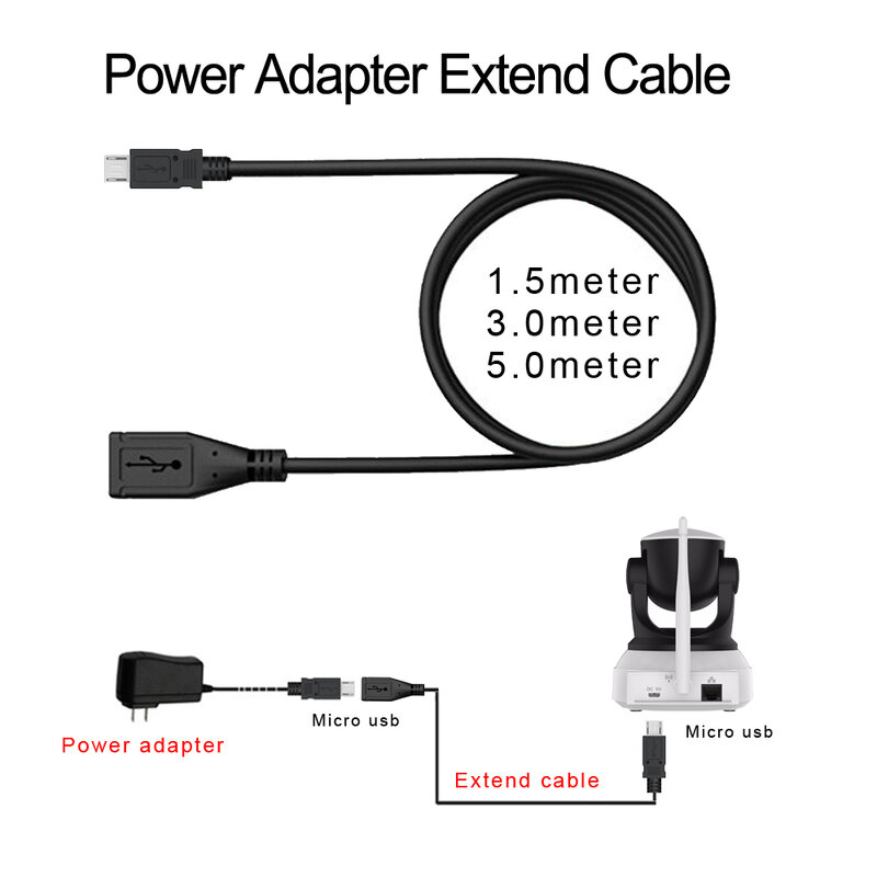 ESCAM Micro USB 5V2A Power Adapter Micro USB ขยายสาย 1 M 3 M 5mr สำหรับ IP ห้องนอน/สินค้าอิเล็กทรอนิกส์