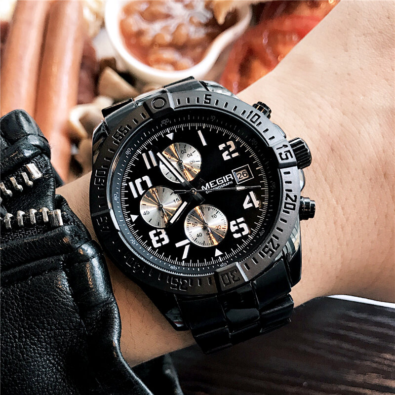 Megir relógio masculino luxuoso de aço, relógio de quartzo esportivo social casual à prova d'água