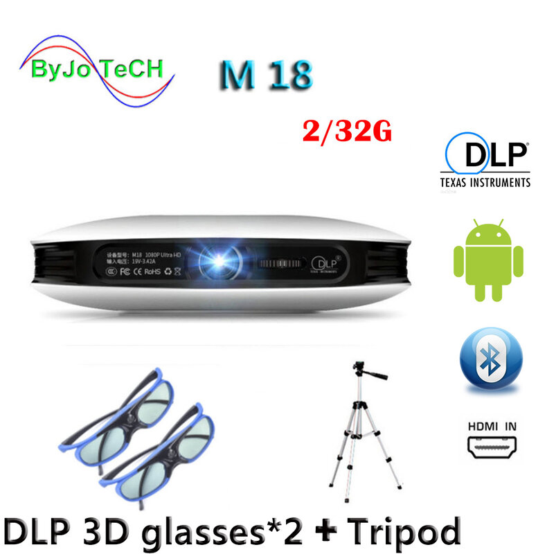 ByJoTeCH – projecteur M18, 2 go 32 go, lunettes 3D, trépied, Android, WIFI, 4K, AirPlay, Miracast, batterie intégrée, Vs dlp800w