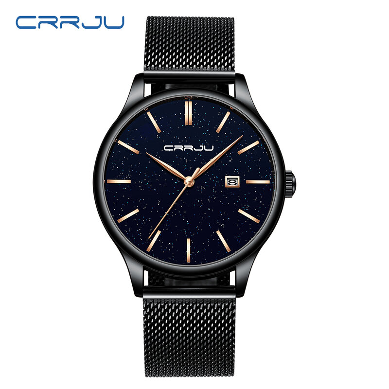 Relógio masculino luxuoso crrju, relógio de pulso casual minimalista com data para homens da moda céu estrelado à prova d'água