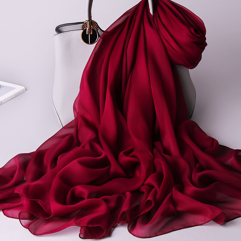 Lenço feminino de chiffon de seda 100%, lenço de seda natural de chiffon artesanal, bufandas, echarpe fina de verão, 180x110cm
