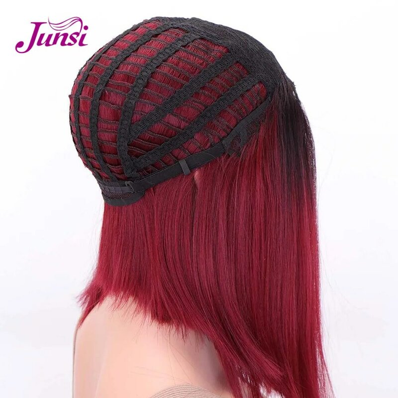 JUNSI Short Red Bob Synthetic Wigs Black Straight Hair Middle Part Ombre Wig for Women High Temperature Fiber Hair