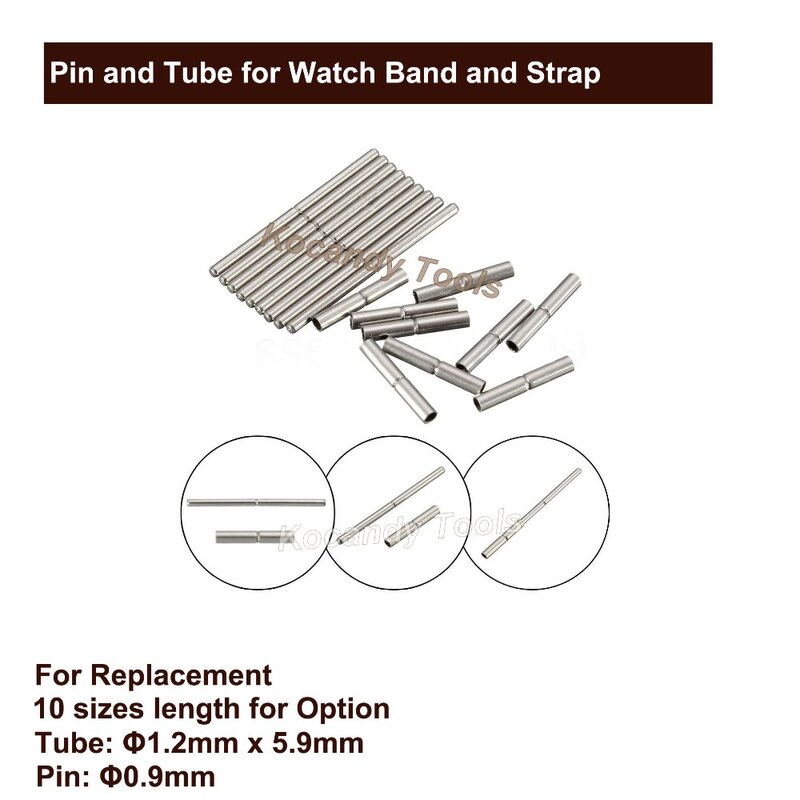 Pino e tubo de aço inoxidável para pulseira e banda de relógio, para reparo com relógio com tubo de 1.2mm x 5.9mm e pino de 10 - 28mm