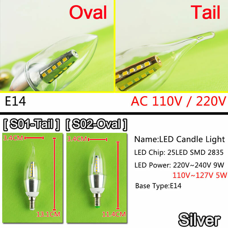 เทียน LED หลอดไฟ E14 9W 5W อลูมิเนียมเชลล์หลอดไฟ LED 110V 220V E14 Golden Silver cool สีขาว Ampoule Lampara Led SMD 5730