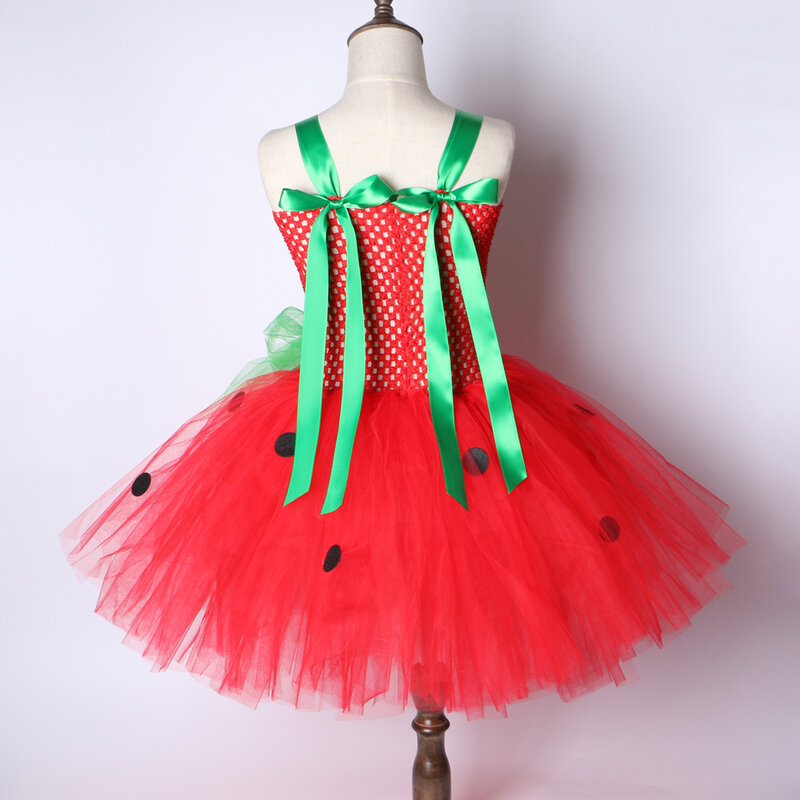 Vestido de festa infantil feminino, vestido de morangos tutu vermelho verde tule para meninas de 2 a 12 anos