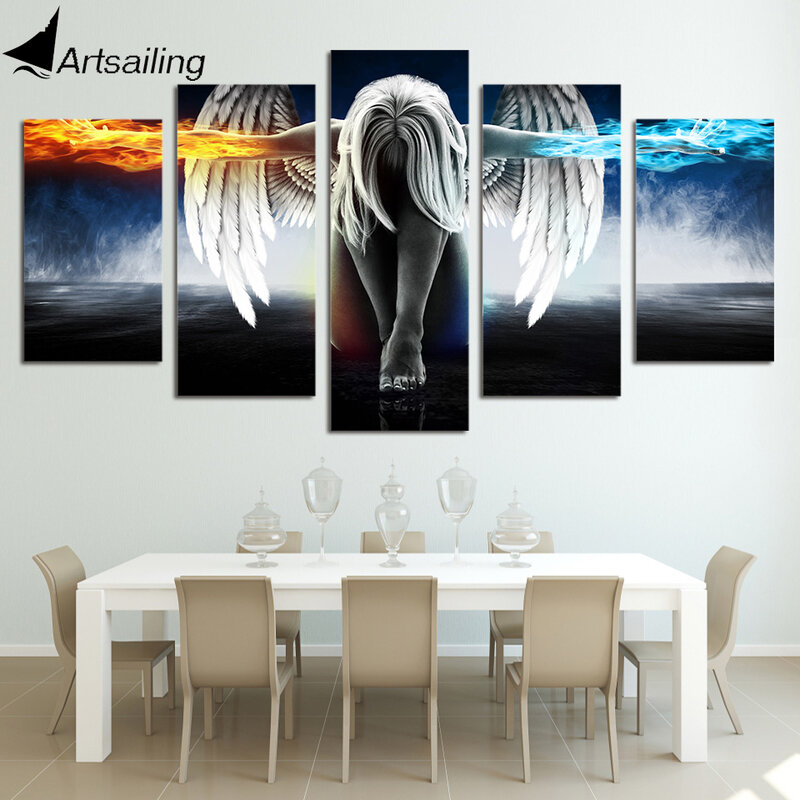 Artsailing 5 piece canvas art anime Angel Girl Wings Fire and Ice painting home decor Modula Painting Modula pictures up-874