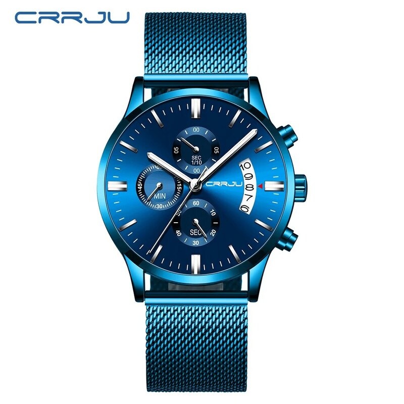 CRRJU Creative Mesh Band Quartz Watch Casual Men Stainless Steel Chronograph Calendar Wristwatches Relogio Masculino