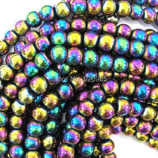 Free Shipping Natural Stone Black/Gold/Rainbow/Silver Plated Hematite round Beads 4 6 8 10 MM 16" Per Strand No.HB30