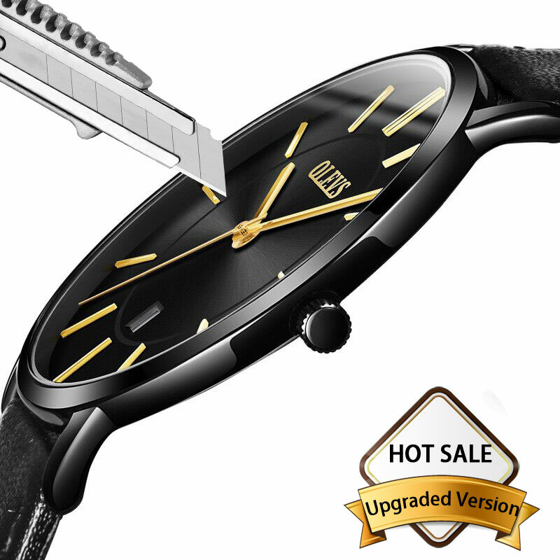 Reloj de pulsera ultradelgado de cuero negro para hombre, cronógrafo de cuarzo, informal, con fecha de negocios, resistente al agua