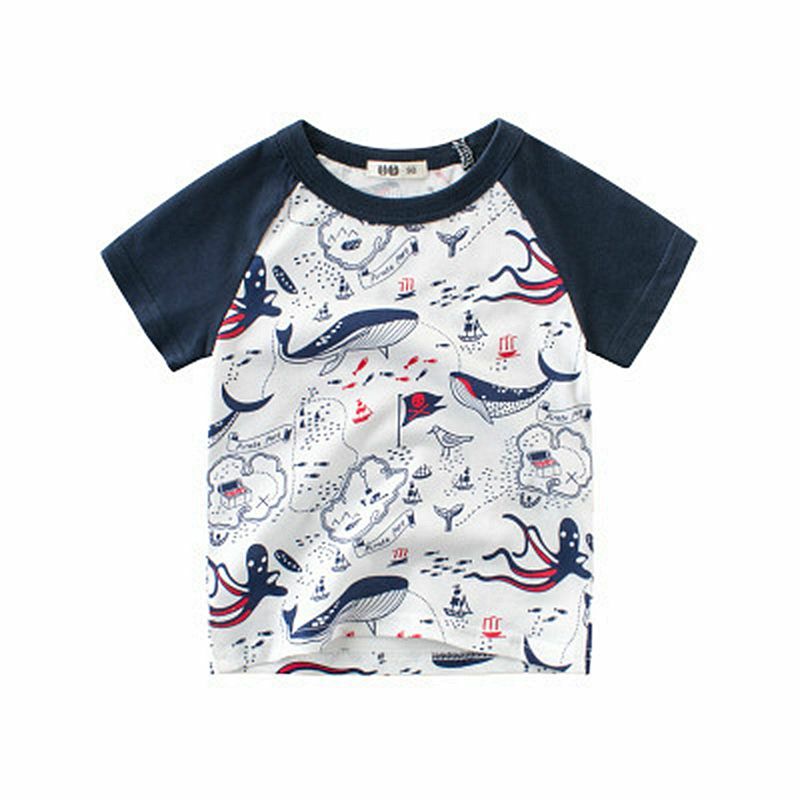 2019 夏コットンボーイズ Tシャツ男の赤ちゃんの漫画サメプリント半袖 O ネックかわいい服のための Tシャツシャツトップス