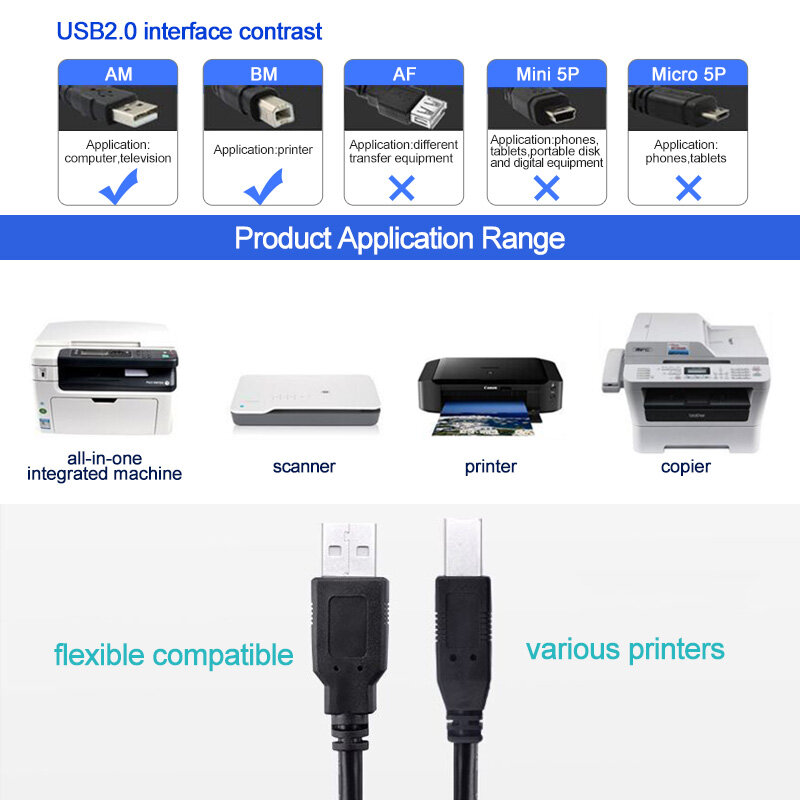 PHOMAX พิมพ์สาย USB 2.0 USB ประเภท A ถึง B ชายสายเครื่องพิมพ์สำหรับ Canon Epson HP ZJiang เครื่องพิมพ์ DAC USB เครื่องพิมพ์
