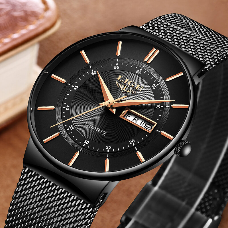 LIGE moda na co dzień zegarek męski Top marka luksusowe zegarki prosty analogowy stali nierdzewnej Mesh Belt zegarek wodoodporny zegarek kwarcowy zegar zegarek sportowy