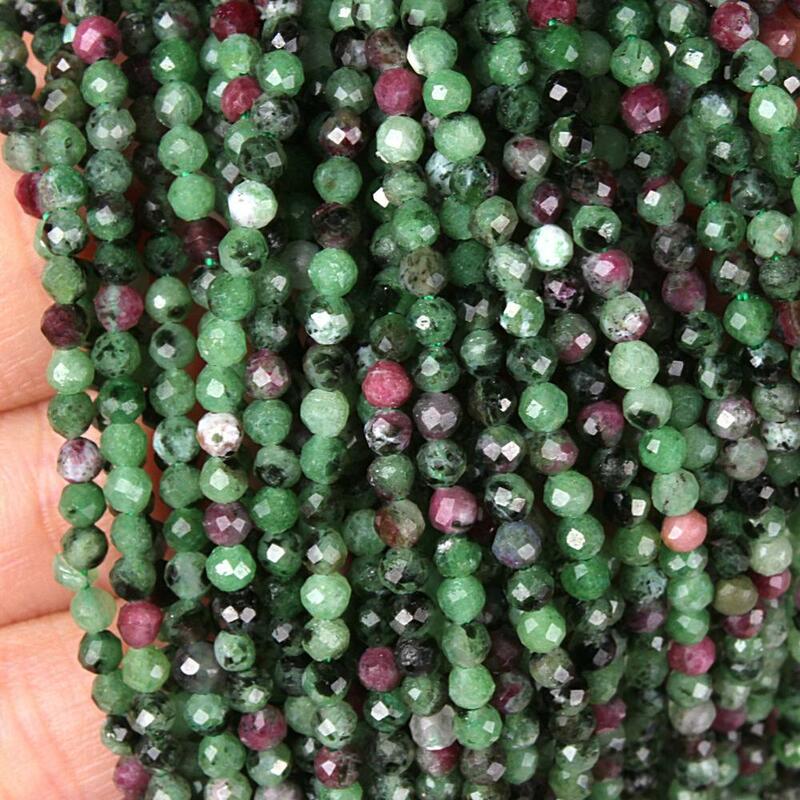 Epidota de color verde Natural de 2mm y 3mm, rubí rojo zoisita, cuentas redondas de piedras preciosas facetadas, accesorios DIY para la fabricación de collares y pulseras