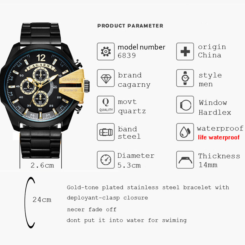 Cagarny relógio masculino relógio de quartzo de aço inoxidável preto ouro relógio masculino moda homem esportes zegarek meski relogio masculino