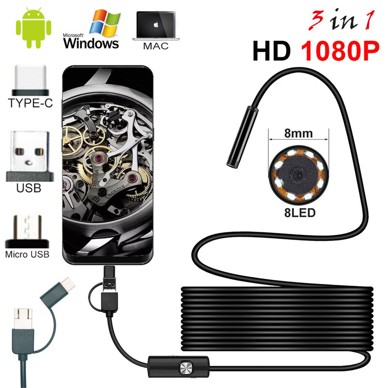 Endoscopio con cámara 1080P y cable impermeable de 8m con USB, boroscopio de inspección con cámara fullHD, 8 leds, para Android y PC, 1, 2, 5m, 8mm