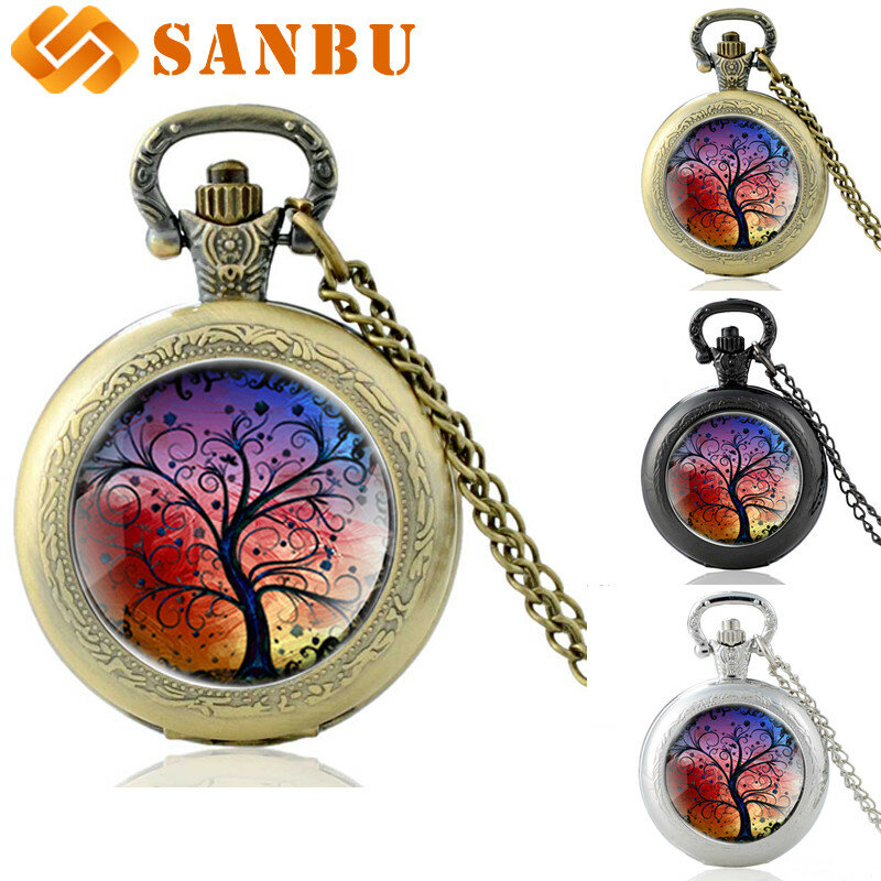 Винтажные Классические кварцевые карманные часы «Древо жизни», часы в стиле ретро с бронзовым, серебристым, черным ожерельем