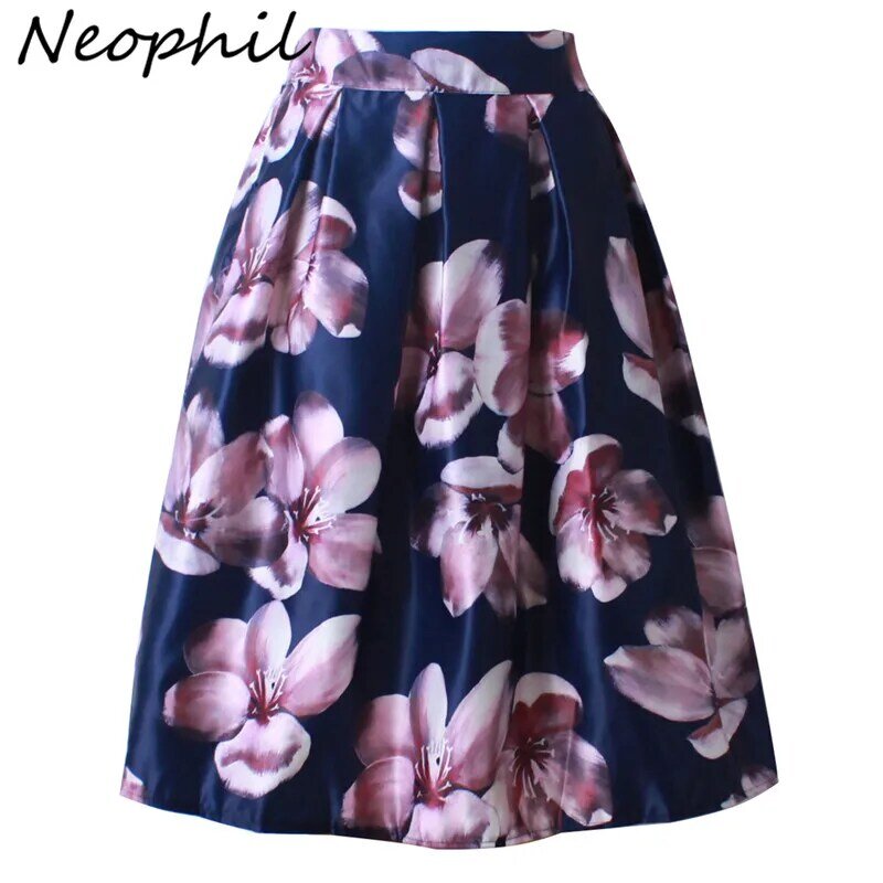 Neophil 2022 retro moda feminina preto branco flor plissada floral impressão de cintura alta midi vestido de baile flare saias curtas saia s1225