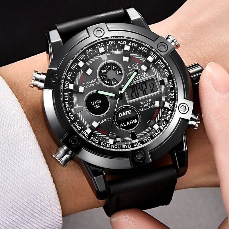 XINEW moda marka luksusowy podwójny Movt męska skóra Quarz analogowy cyfrowy LED Sport Wrist Watch zegarki wodoodporne zegar A7