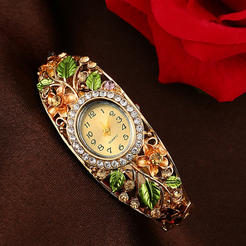 Pulsera de cuarzo con flores de cristal para mujer, reloj de lujo femenino, Bayan Kol Saati, regalo XQ
