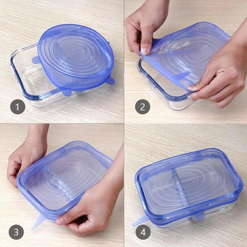 Tapas elásticas de silicona transparente para mantener la comida fresca, cubiertas magnéticas azules para microondas, varios tamaños, reutilizables, 6 uds.