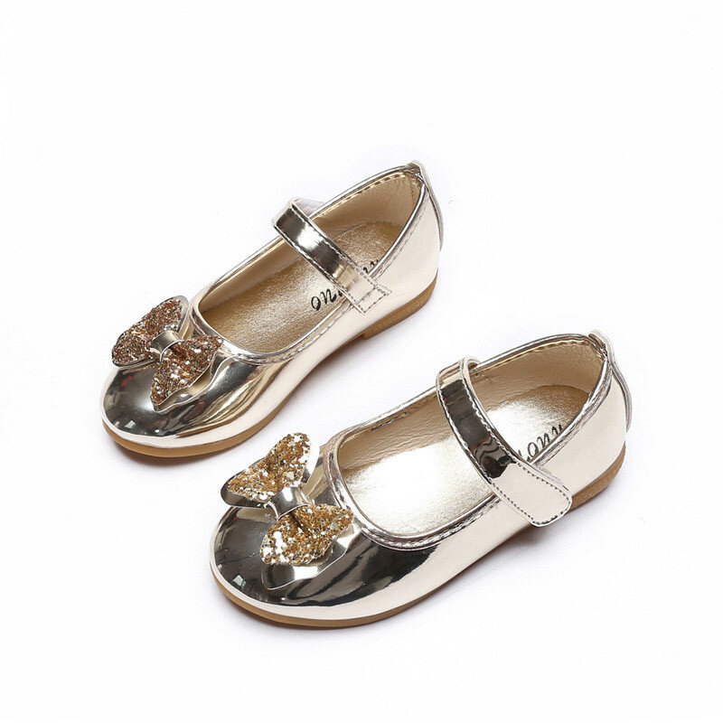 Pring-zapatos planos de cuero con lentejuelas y lazo para niña, calzado informal de baile, impermeable, para otoño
