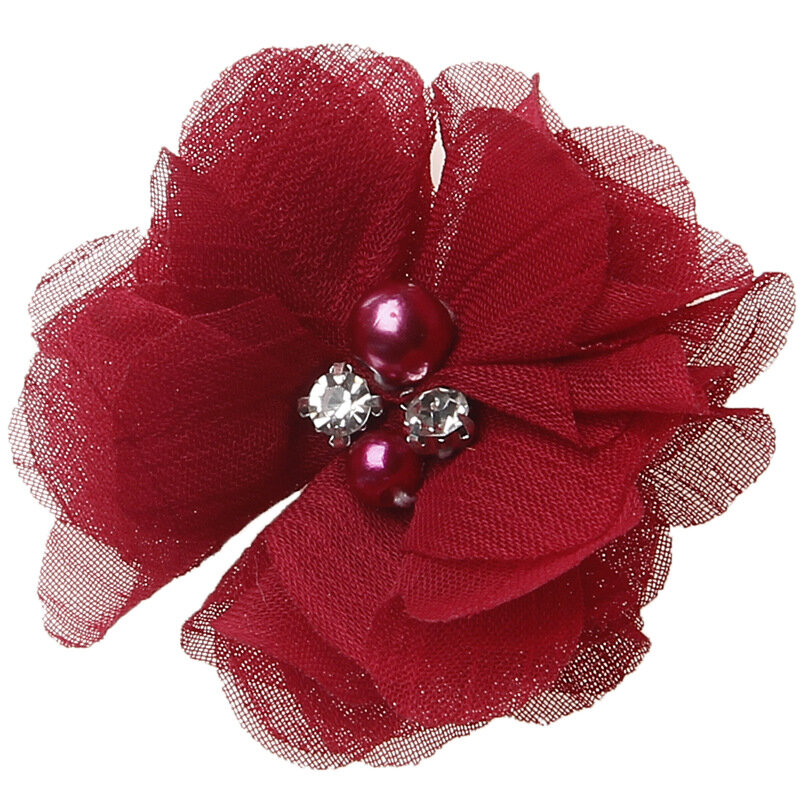 10 sztuk/partia 2 "24 kolory DIY Mini szyfonu kwiaty z perłą Rhinestone dla dziewczynek włosów kwiaty pałąk nakrycia głowy akcesoria