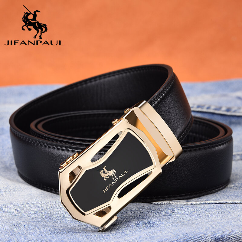 Jifanpua cinto masculino moda aparência de couro superior qualidade homens negócios preto liga fivela automática aro ouro frete grátis