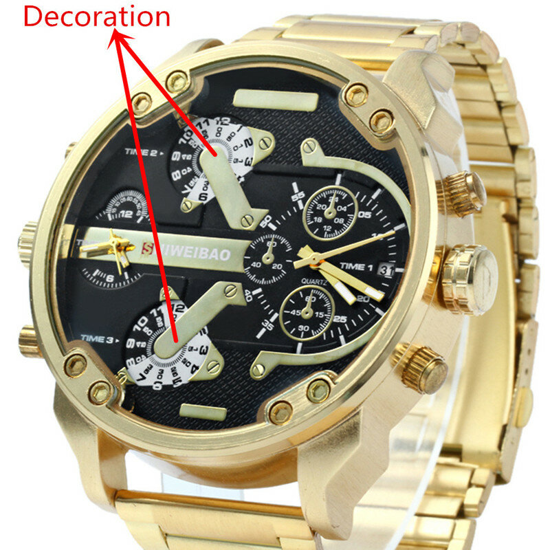 Grande relógio masculino luxo ouro aço pulseira relógios de quartzo masculino duplo fuso horário militar relogio masculino relógio casual homem xfcs