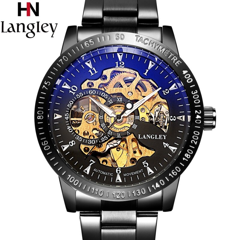 LANGLEY Automatische Uhr Männer Top Marke Edelstahl Mechanische Uhren Männlichen Schwarz Klassische Skeleton Business Uhr Relogio 2018