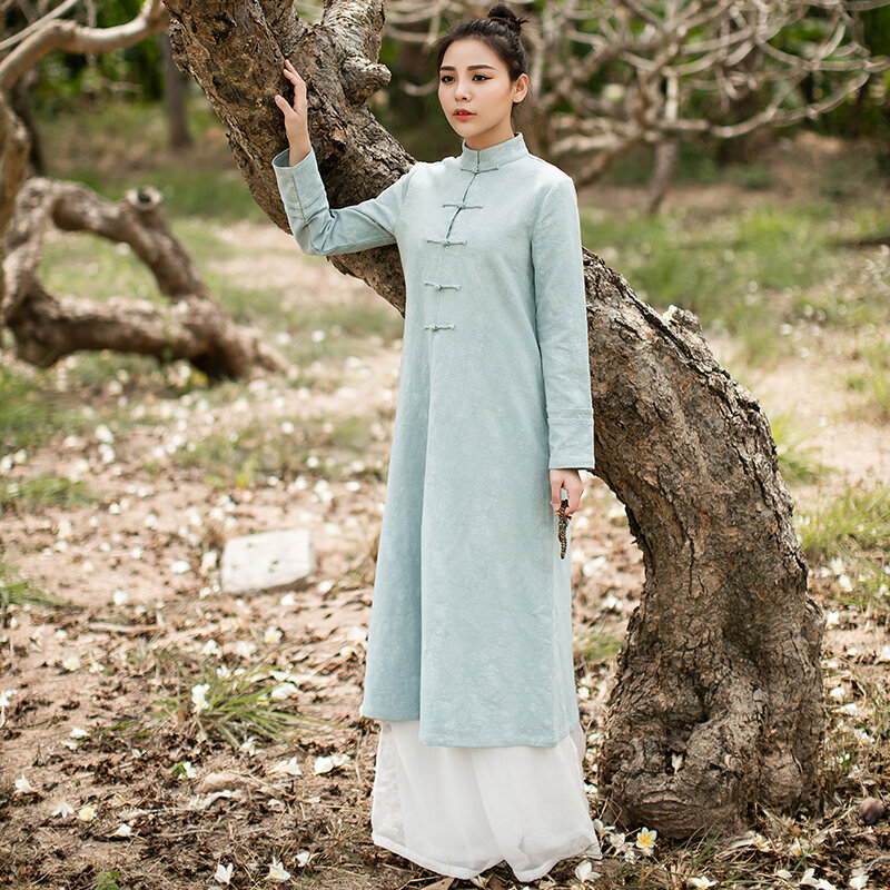 Cotton Linen Made long sleeved dress Spring autumn Chinese folk style Retro Womens Pankou tea service Party Waitress cheongsam