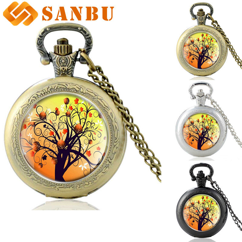 ساعة كوارتز برونزية عتيقة مع قلادة شجرة الحياة ، للرجال والنساء ، ساعة جيب ، مجوهرات عتيقة
