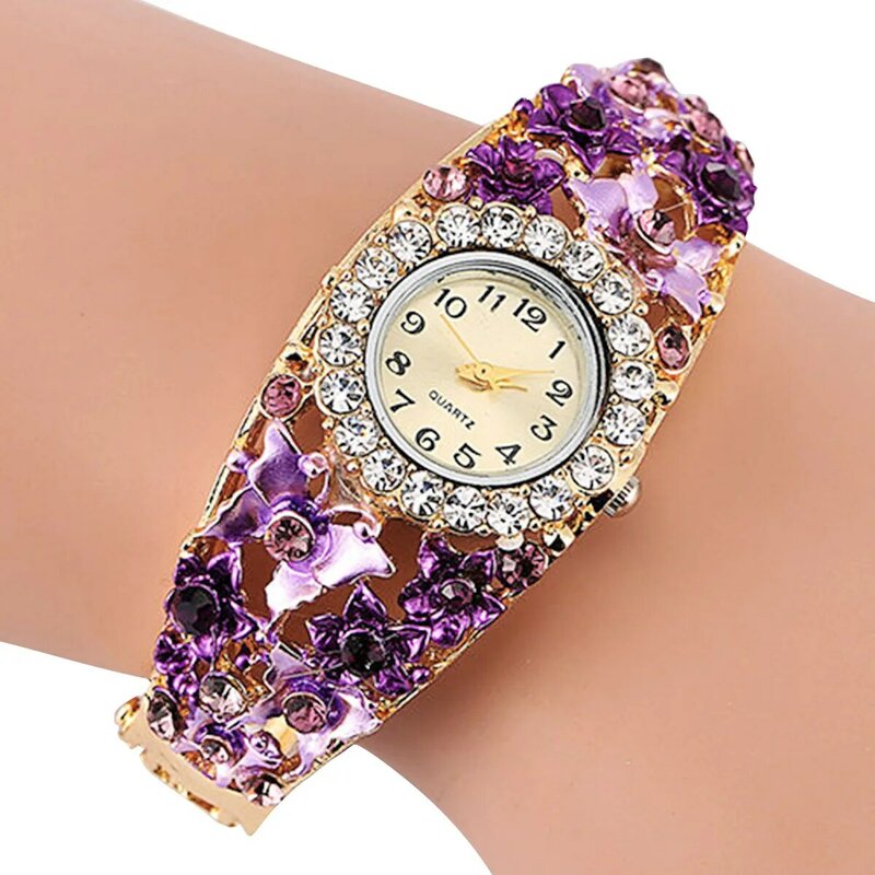 女性の蝶の花クリスタルラインストーンブレスレットバングルクォーツ腕時計
