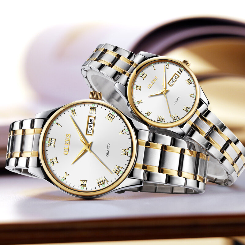 Парные часы мужские и женские кварцевые наручные часы OLEVS роскошный бренд из нержавеющей стали светящиеся часы для влюбленных из розового з...