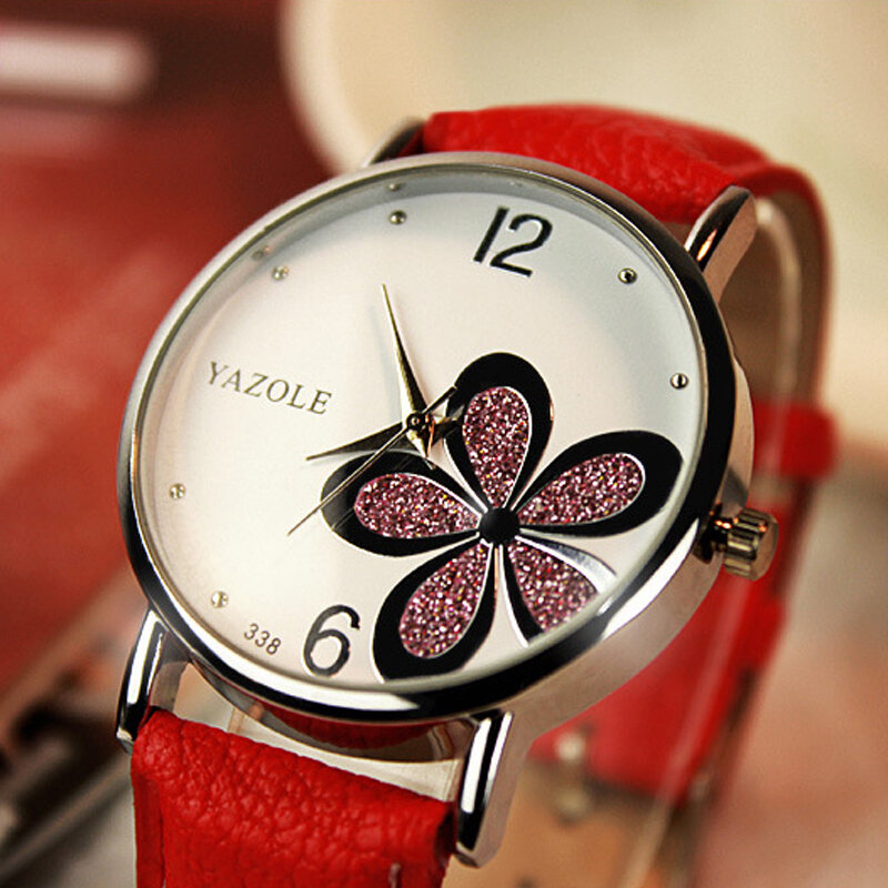 Женские кварцевые часы yazole с кожаным ремешком и цветком подарок девушкам