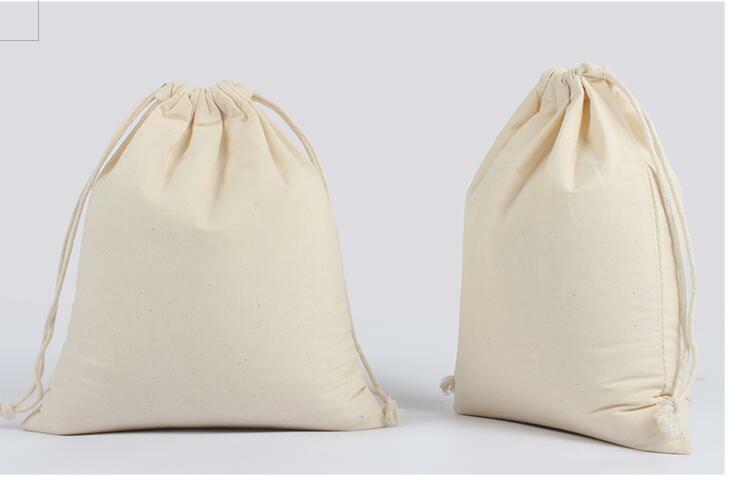 10 pz/lotto 10x14, 13x16, 17x23, 20x23cm ambientale 130G sacchetti di stoffa di cotone Fine sacchetti con coulisse imballaggio borsa stampa Logo